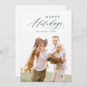 Groene moderne script fijne feestdagen familie fot feestdagenkaart (Voorkant / Achterkant)