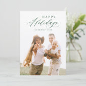 Groene moderne script fijne feestdagen familie fot feestdagenkaart (Staand voorkant)