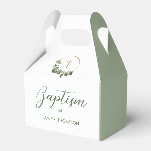 Groene Moderne Wreath Gold cross Baptisme Bedankdoosjes (Achterkant)