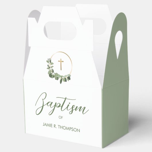 Groene Moderne Wreath Gold cross Baptisme Bedankdoosjes (Geopend)