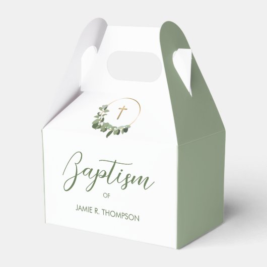 Groene Moderne Wreath Gold cross Baptisme Bedankdoosjes (Voorkant Zijde)
