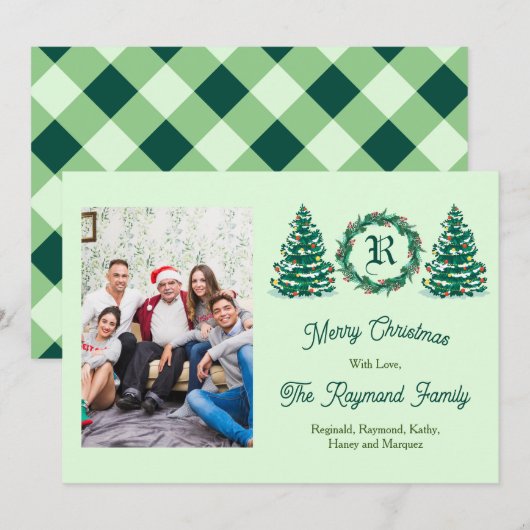 Groene Monogram Afbeelding Kerstkaart (Voorkant / Achterkant)