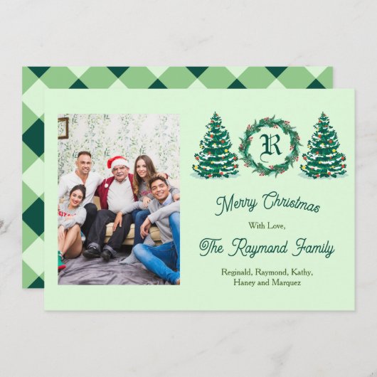 Groene Monogram Afbeeldings Kerstkaart (Voorkant / Achterkant)
