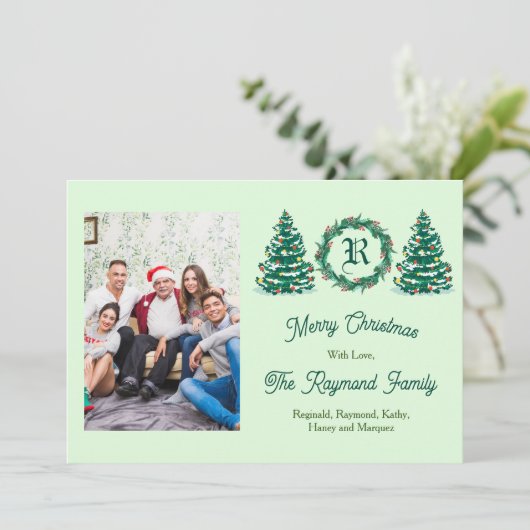 Groene Monogram Afbeeldings Kerstkaart (Staand voorkant)