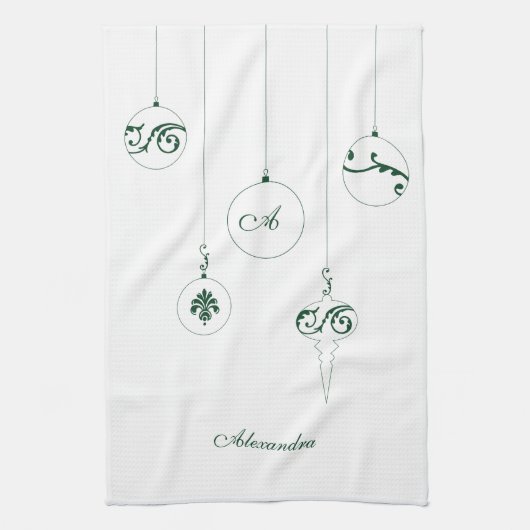 Groene Monogram Bauble Ornamenten Gepersonaliseerd Theedoek (Verticaal)