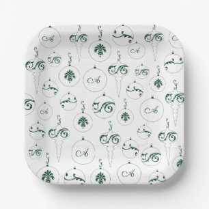 Groene Monogram Bauble Patroon Vierkante Kerstmis Papieren Bordje
