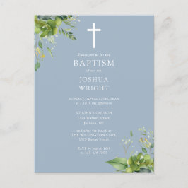 Groene Monogram Doop Stof Blauw Uitnodigingskaart Briefkaart