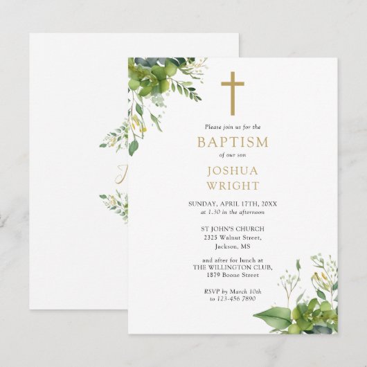 Groene Monogram Doop Uitnodiging (Voorkant / Achterkant)