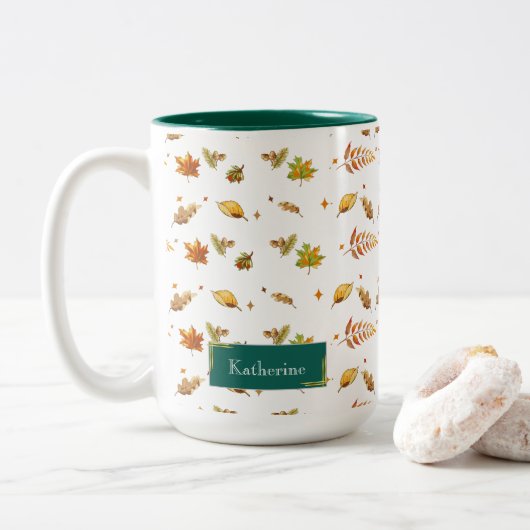 Groene monogram Herfst Leaf Thanksgiving Tweekleurige Koffiemok (Met donut)