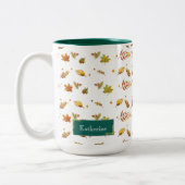 Groene monogram Herfst Leaf Thanksgiving Tweekleurige Koffiemok (Links)