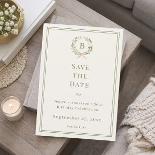 Groene monogram krans verjaardag save the date