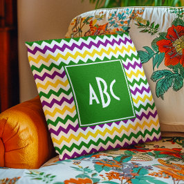 Groene monogram Mardi Gras zigzag Kussen