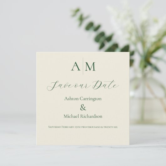 Groene Monogram Moderne Trouw  Save The Date (Staand voorkant)