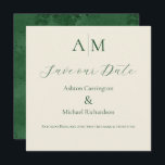Groene Monogram Moderne Trouw  Save The Date<br><div class="desc">Mooie bruid & bruidegom monogrammen bovenaan deze prachtige trouwkaart 'Save the Date'.  Ecru achtergrond met groene lettertype om te coördineren met de versleten groene achterkant van deze elegante uitnodiging.  Absoluut verbluffend.</div>