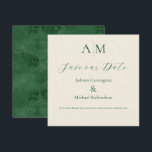 Groene Monogram Moderne Trouw  Save The Date<br><div class="desc">Mooie bruid & bruidegom monogrammen bovenaan deze prachtige trouwkaart 'Save the Date'.  Ecru achtergrond met groene lettertype om te coördineren met de versleten groene achterkant van deze elegante uitnodiging.  Absoluut verbluffend.</div>