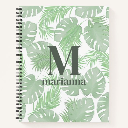 Groene Monogram Palm Leaves Custom Notitieboek (Voorkant)