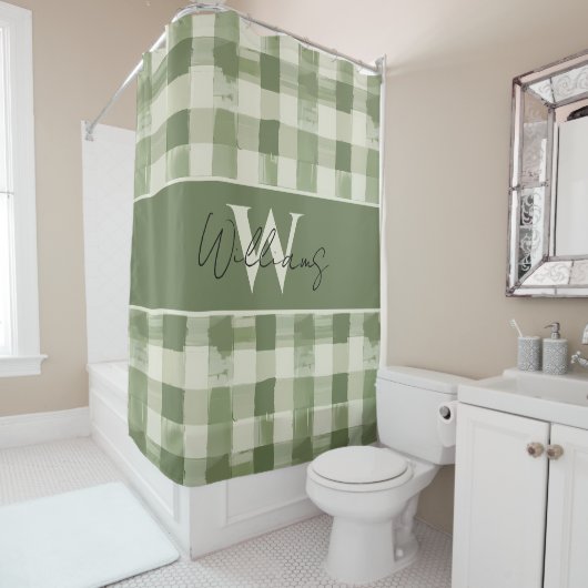 Groene Monogram Plaid Gingham Douchemouw Douchegordijn (In situ)