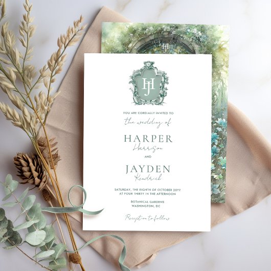 Groene Monogram Tijdloze Elegante Waterverf Weddin Kaart