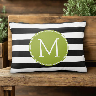Groene monogram zwart-wit met strips accent kussen