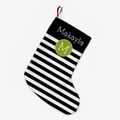 Groene monogram zwart-wit met strips kleine kerstsok (Voorkant (Hangend))