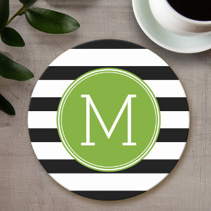 Groene monogram zwart-wit met strips ronde kartonnen onderzetter