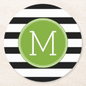 Groene monogram zwart-wit met strips ronde kartonnen onderzetter (Voorkant)