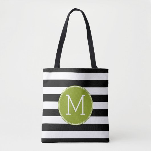 Groene monogram zwart-wit met strips tote bag (Voorkant)