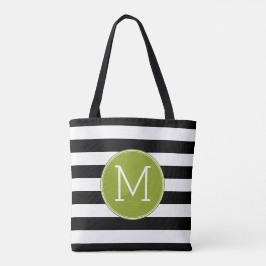 Groene monogram zwart-wit met strips tote bag (Achterkant)