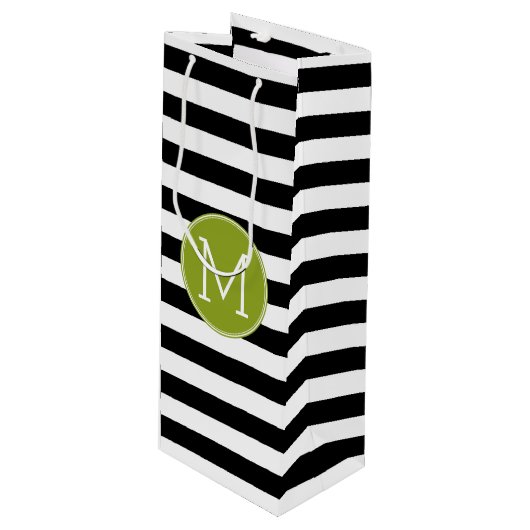 Groene monogram zwart-wit met strips wijn cadeautas (Voorkant Gekanteld)