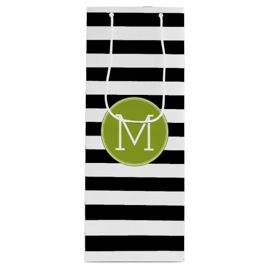 Groene monogram zwart-wit met strips wijn cadeautas (Voorkant)