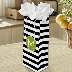 Groene monogram zwart-wit met strips wijn cadeautas