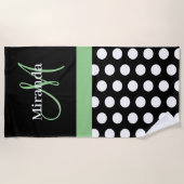 Groene Monogram Zwart Wit Polka Dot Strandlaken (Voorkant)