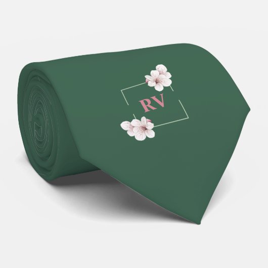 Groene Monogrammed Wild Cherry Blossom Stropdas (Opgerold)