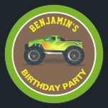 Groene Monster Truck Kids Birthday Party Favor Ronde Sticker<br><div class="desc">Schattigee gunst sticker voor een monster truck thema feest. Pas het aan met de naam van uw kind.</div>
