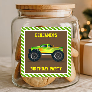 Groene Monster Truck Kids Birthday Party Favor Vierkante Sticker