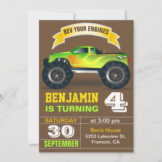 Groene Monster Truck Kids Birthday Party Invitatio Kaart (Voorkant)