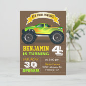 Groene Monster Truck Kids Birthday Party Invitatio Kaart (Staand voorkant)