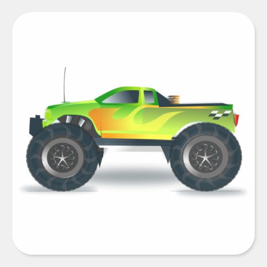 Groene Monster Truck met vlammen geschilderd op de Vierkante Sticker (Voorkant)