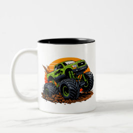 Groene Monster Truck Off-Road Racen Illustratie Tweekleurige Koffiemok