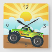 Groene Monster Truck Persoonlijke Naam Kinderkamer Vierkante Klok (Voorkant)