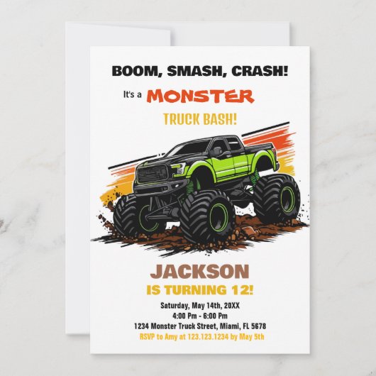 Groene Monster Truck Verjaardag Uitnodigingen (Voorkant)