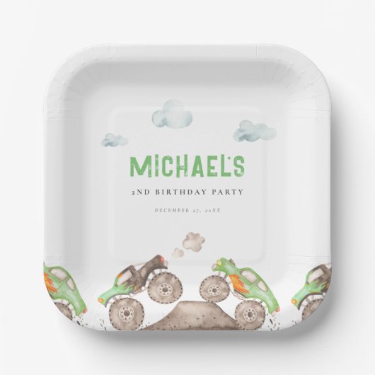 Groene Monster Trucks Jam Verjaardag Papieren Bordje (Voorkant)