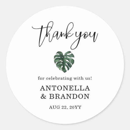 Groene Monstera Blad Bruiloft Ronde Sticker (Voorkant)
