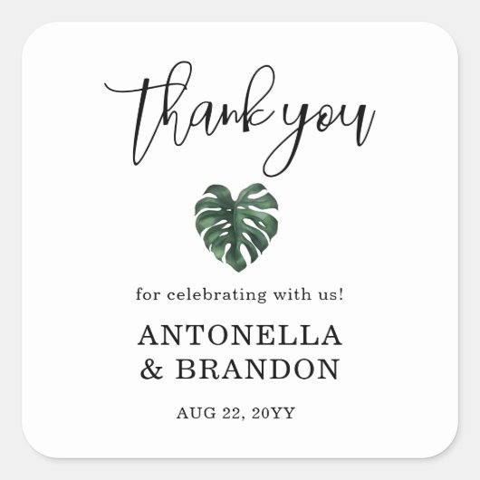 Groene Monstera Blad Bruiloft Vierkante Sticker (Voorkant)