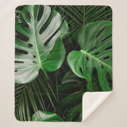 Groene monstera-bladeren en palmbladeren sherpa deken (Voorkant)