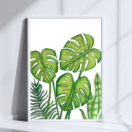 Groene Monstera Bladeren Tekening Gekleurde Potloo Poster