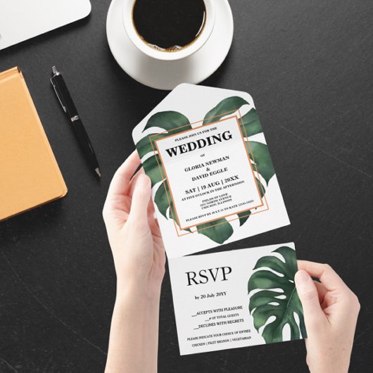 Groene Monstera Leaf All in One Wedding Invite All In One Uitnodiging