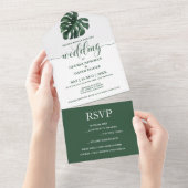 Groene Monstera Leaf All in One Wedding Invite Uitnodiging (Afscheurbaar)