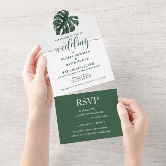 Groene Monstera Leaf All in One Wedding Invite Uitnodiging (Afscheurbaar)