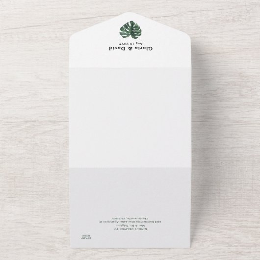Groene Monstera Leaf All in One Wedding Invite Uitnodiging (Buitenkant)